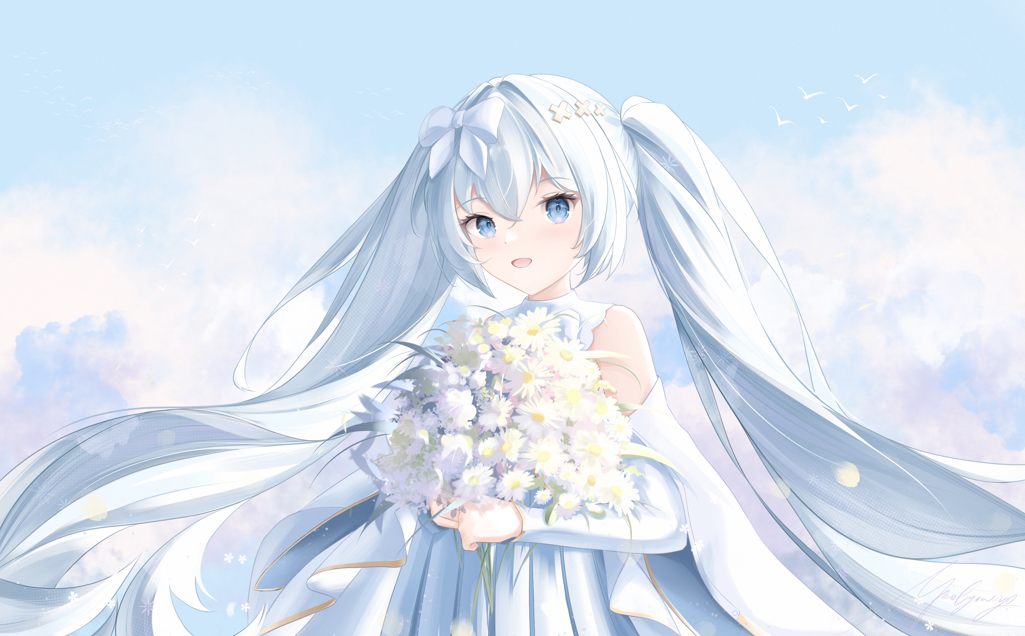 cheems, hatsune miku, hiramado miku, kowareta sekai to utaenai miku, project sekai, vocaloid, absurdres, highres, 1girl, aqua eyes, blush, bouquet, bow, detached sleeves, dress, flower, hair bow, hair ornament, holding, holding bouquet, long hair, long sleeves, looking at viewer, official alternate costume, official alternate hairstyle, open mouth, smile, twintails, very long hair, white bow, white dress, white hair, x hair ornament