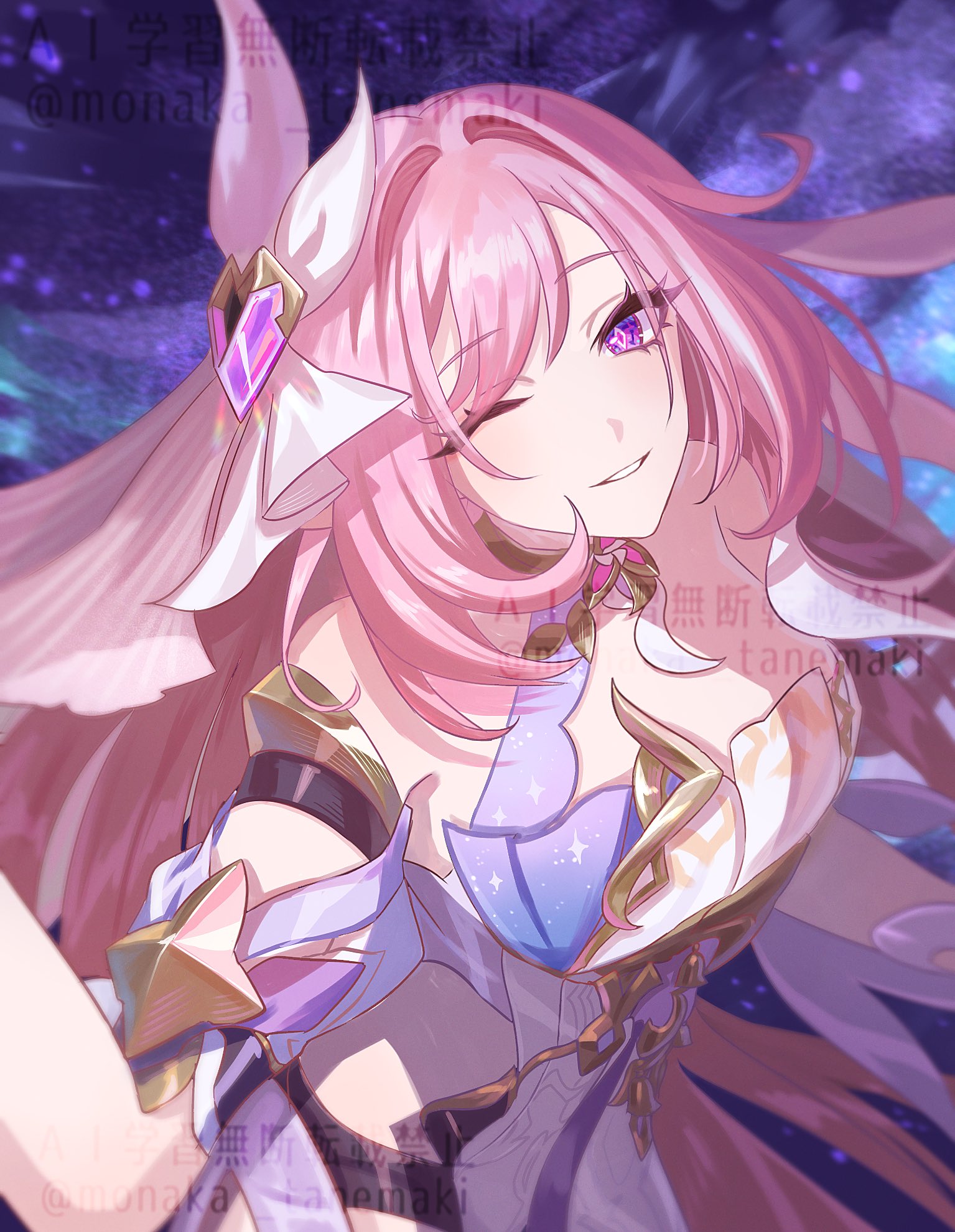 tanemaki monaka, elysia (herrscher of human: ego) (honkai impact), elysia (honkai impact), honkai (series), honkai impact 3rd, hashtag-only commentary, highres, 1girl, ;), bare shoulders, black shorts, breasts, corset, diamond-shaped pupils, diamond (shape), large breasts, long hair, one eye closed, parted lips, pink hair, purple eyes, purple sky, short shorts, shorts, sky, smile, solo, symbol-shaped pupils, triquetra, veil, very long hair, white corset, white veil