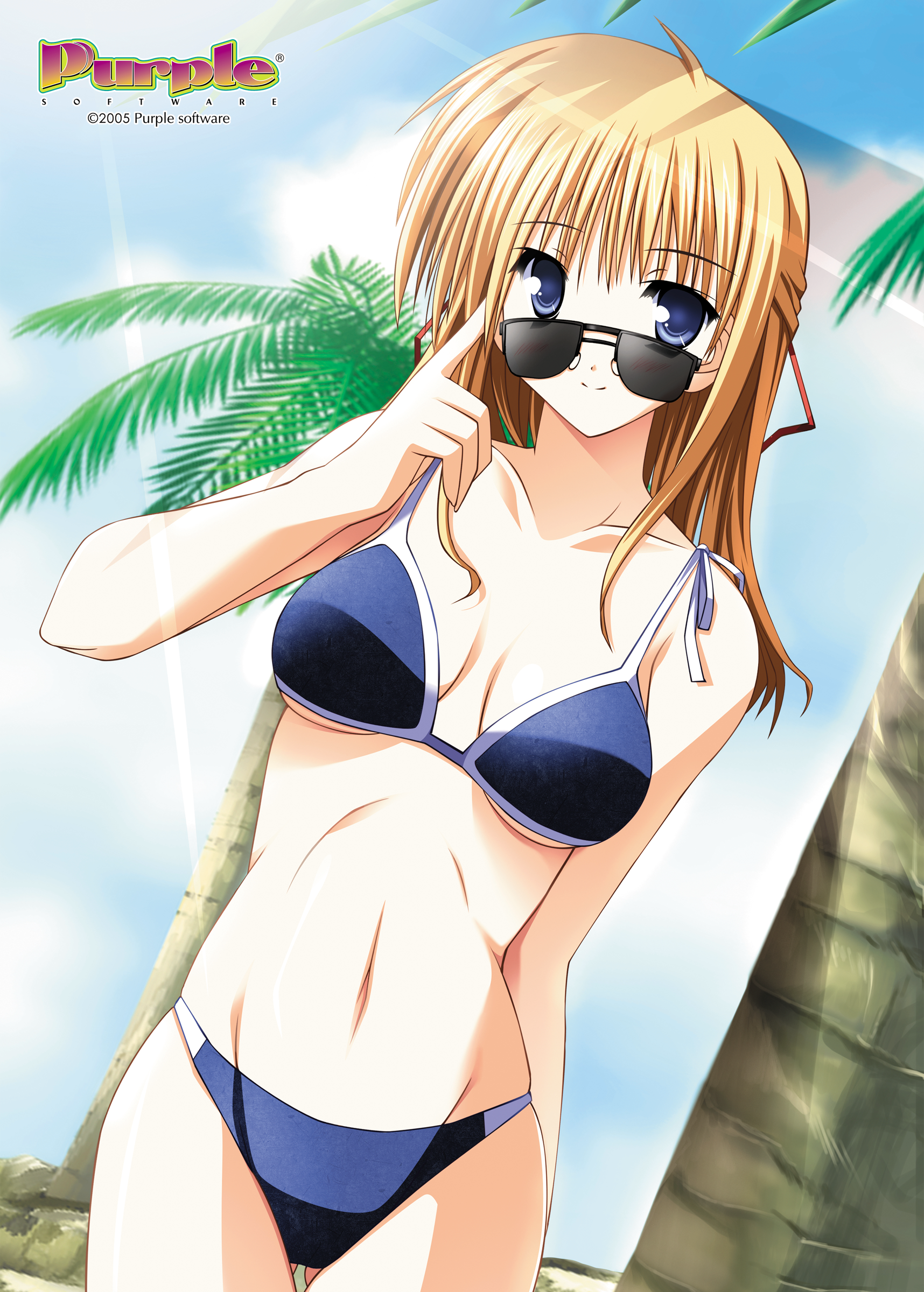 sera kasumi, akiiro renka, purple software, absurdres, highres, official art, 00s, 1girl, 2005, adjusting eyewear, ahoge, beach, bikini, blonde hair, blue bikini, blue eyes, day, dutch angle, female focus, glasses, groin, light rays, looking over eyewear, navel, outdoors, palm tree, smile, solo, sunbeam, sunglasses, sunlight, swimsuit, thigh gap, tree