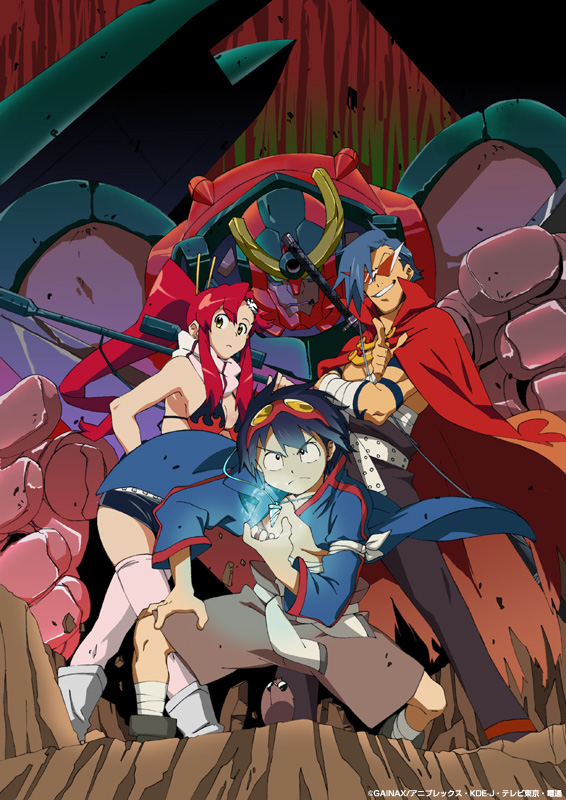 watanabe keisuke, boota (ttgl), gurren-lagann, kamina (ttgl), simon (ttgl), yoko littner, tengen toppa gurren lagann, striped, non-web source, official art, 00s, 1girl, 2boys, angry, armpits, bandages, belt, bikini, bikini top only, blue hair, boots, breasts, cape, cleavage, crossed arms, drill, eyewear on head, fighting stance, frown, gainaxtop, glowing, grin, gun, hair ornament, jacket, jewelry, kamina shades, knee boots, long hair, manly, mecha, medium breasts, multiple boys, muscular, necklace, open clothes, open jacket, pectorals, pendant, pink thighhighs, pointing, ponytail, red hair, rifle, robot, sash, scarf, short hair, short shorts, shorts, smile, spread legs, squatting, standing, studded belt, sunglasses, swimsuit, tattoo, thighhighs, torn clothes, triangular eyewear, very long hair, weapon, yellow eyes, zettai ryouiki