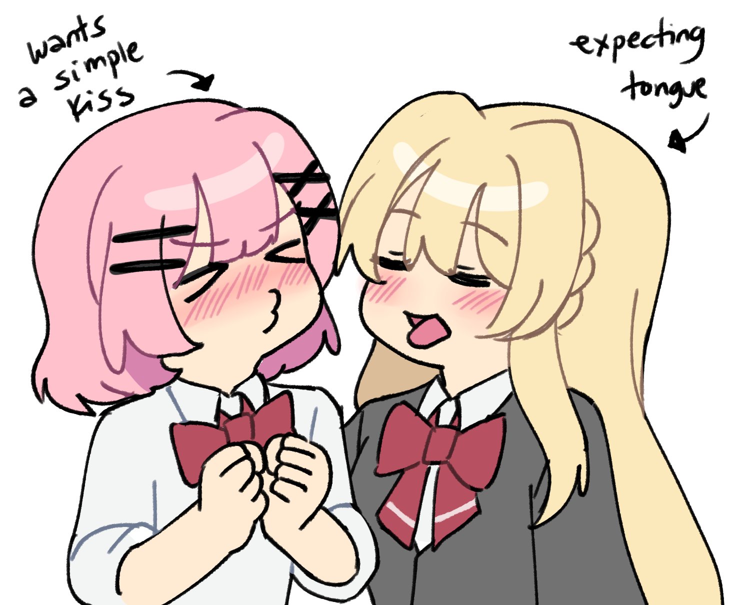 amaori renako, ouzuka mai, watashi ga koibito ni nareru wake naijan murimuri!, highres, > <, 2girls, ashigaya high school uniform, blonde hair, blush, bow, bowtie, braid, closed eyes, hair ornament, hairclip, ijvnyxcy, imminent kiss, jacket, long hair, long sleeves, multiple girls, parallel hairclips, pink hair, puckered lips, red bow, red bowtie, school uniform, shirt, short hair, simple background, tongue, tongue out, white background, white shirt, x hair ornament, yuri