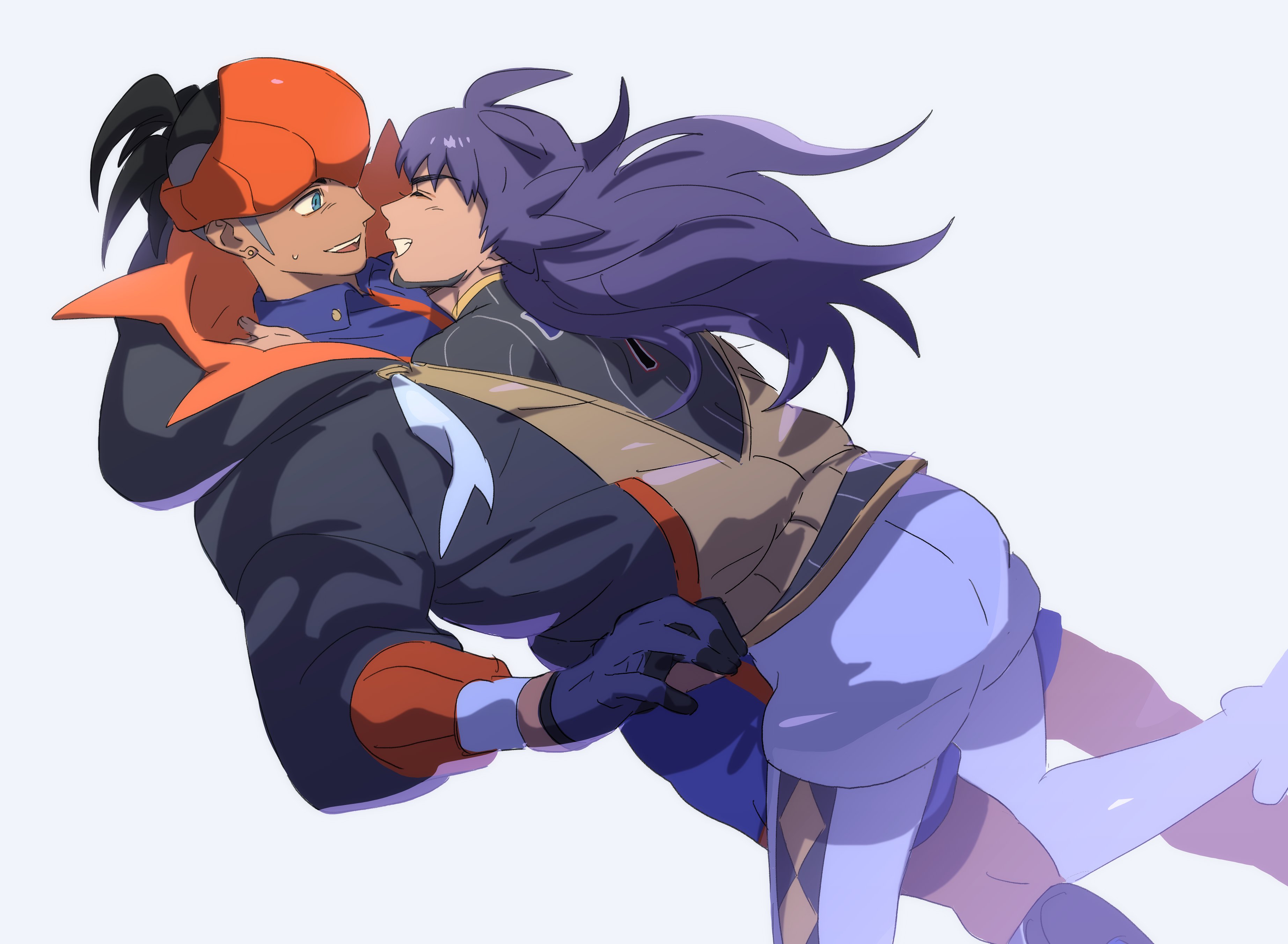 ch walnut, leon (pokemon), raihan (pokemon), nintendo, pokemon, pokemon swsh, absurdres, commentary, highres, 2boys, :d, black hair, black hoodie, blue shirt, champion uniform, closed eyes, collared shirt, earrings, facial hair, from side, gloves, grin, headband, hood, hoodie, jewelry, leggings, long hair, looking at another, male focus, multiple boys, open mouth, orange headband, shirt, short hair, shorts, smile, sweatdrop, teeth, upper teeth only