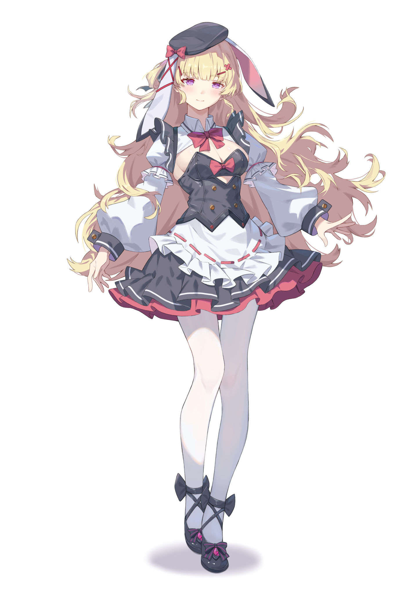 calder (pixiv3698273), phoebe (wuthering waves), wuthering waves, commentary, highres, 1girl, animal ears, ankle lace-up, apron, black dress, black hat, black shoes, blonde hair, blush, bow, bowtie, breasts, cleavage, closed mouth, collared shrug, dress, floppy ears, frilled apron, frills, full body, hat, long hair, long sleeves, looking at viewer, medium breasts, pantyhose, purple eyes, rabbit ears, red bow, red bowtie, ribbon-trimmed apron, ribbon trim, shoes, shrug (clothing), simple background, smile, solo, standing, strapless, strapless dress, waist apron, white apron, white background, white pantyhose, white shrug