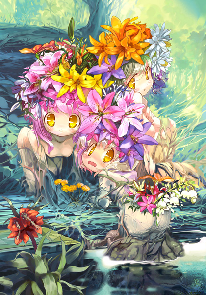 hanpen, puus, 2girls, 3girls, blonde hair, bridge, dryad, flower, multiple girls, nature, nude, pink hair, plant girl, yellow eyes