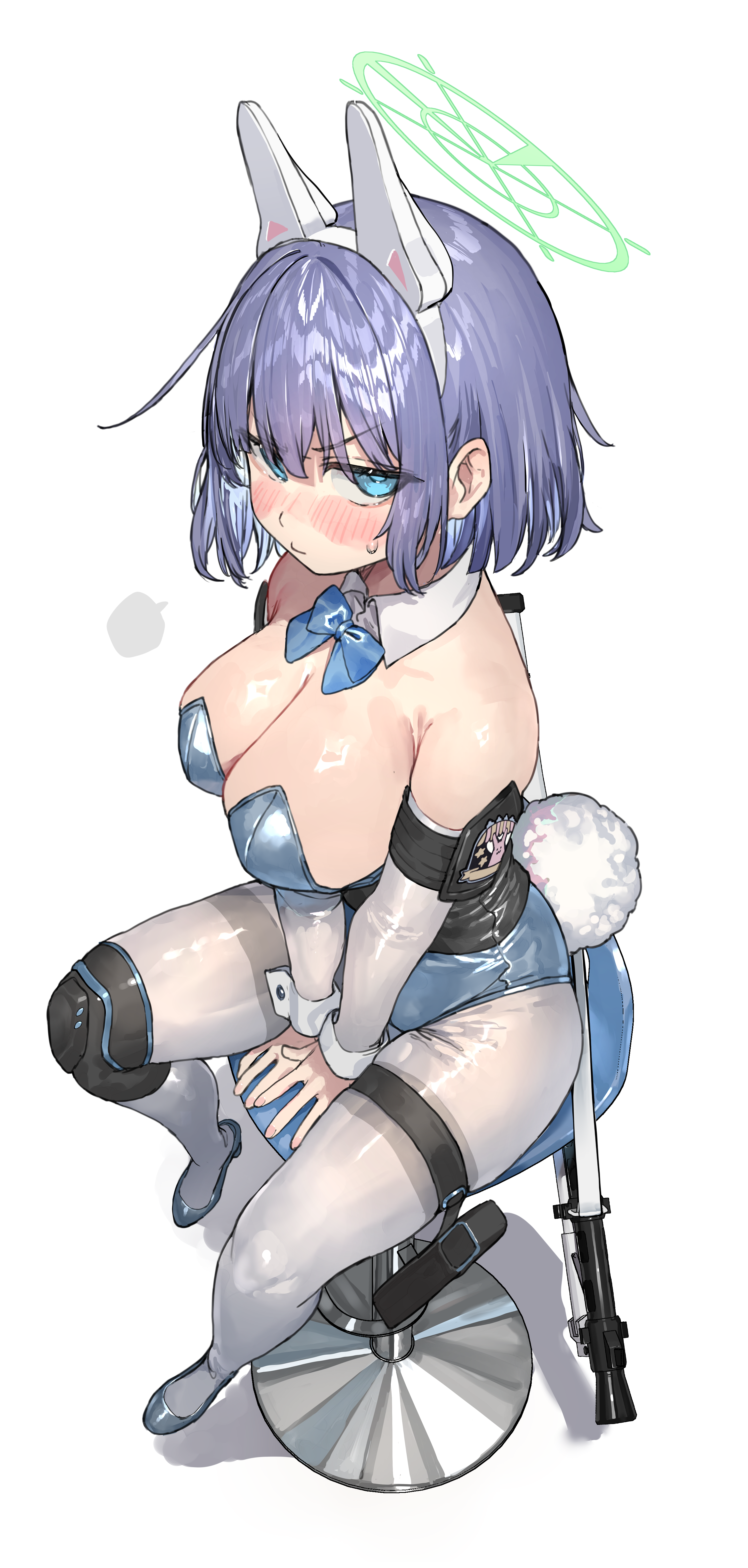 ranf, saki (blue archive), blue archive, absurdres, highres, 1girl, animal ears, arm warmers, armband, bare shoulders, blue eyes, blue leotard, blush, breasts, closed mouth, detached collar, fake animal ears, green halo, halo, headgear, high heels, large breasts, leotard, long sleeves, looking at viewer, pantyhose, playboy bunny, short hair, simple background, sitting, solo, strapless, strapless leotard, weapon, white background, wrist cuffs