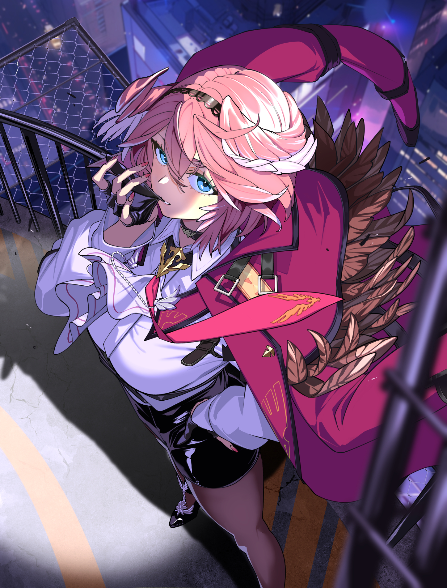 tantan 0028, takane lui, takane lui (1st costume), hololive, highres, 1girl, biting, biting glove, black gloves, blue eyes, breasts, cape, city lights, feathers, fingerless gloves, gloves, hair between eyes, head wings, high-waist shorts, large breasts, leather shorts, long sleeves, looking at viewer, necktie, night, on rooftop, pantyhose, pantyhose under shorts, pink hair, pink necktie, pink wings, puffy sleeves, shirt, short hair, shorts, solo, standing, virtual youtuber, white shirt, wings