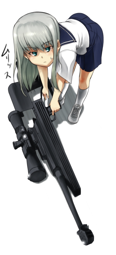 1girl, female focus, full body, grey hair, gun, long hair, rifle, school uniform, serafuku, simple background, solo, weapon, white background