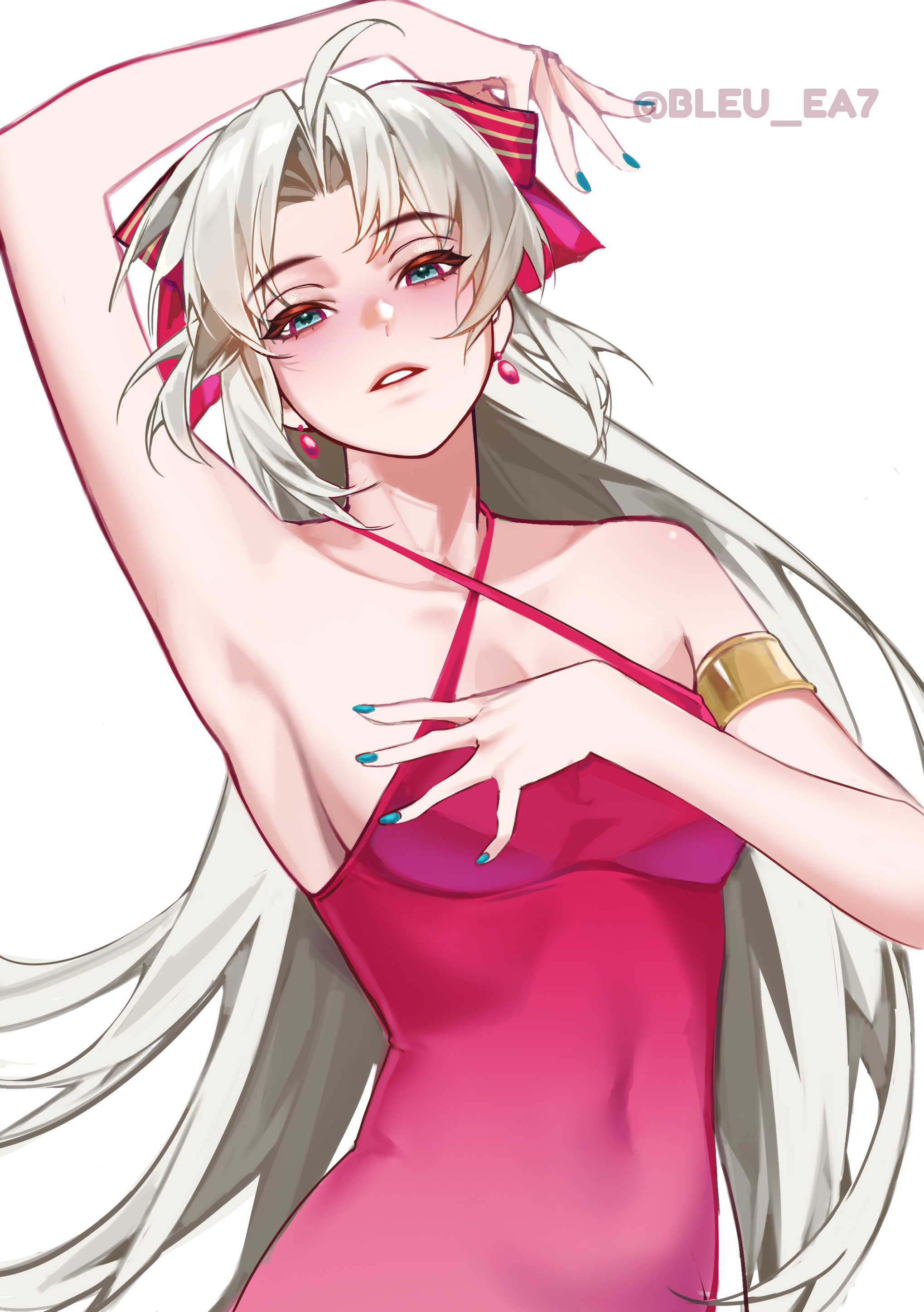 carlotta (wuthering waves), wuthering waves, absurdres, commentary, english commentary, highres, 1girl, ahoge, aqua eyes, aqua nails, arm up, armlet, bare shoulders, blu e (bleu ea7), bow, breasts, cleavage, covered navel, criss-cross halter, dress, earrings, grey hair, hair bow, halterneck, jewelry, long hair, medium breasts, nail polish, parted bangs, parted lips, pink bow, pink dress, simple background, solo, striped bow, twitter username, upper body, very long hair, white background