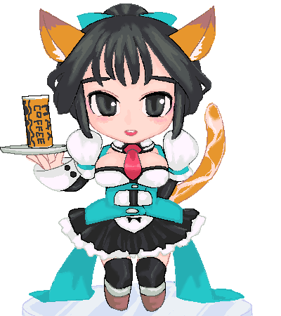 lowres, 1girl, animal ears, black eyes, black hair, breasts, cat ears, cat girl, cat tail, chibi, coffee, female focus, full body, necktie, oekaki, solo, standing, tail, thighhighs, waitress