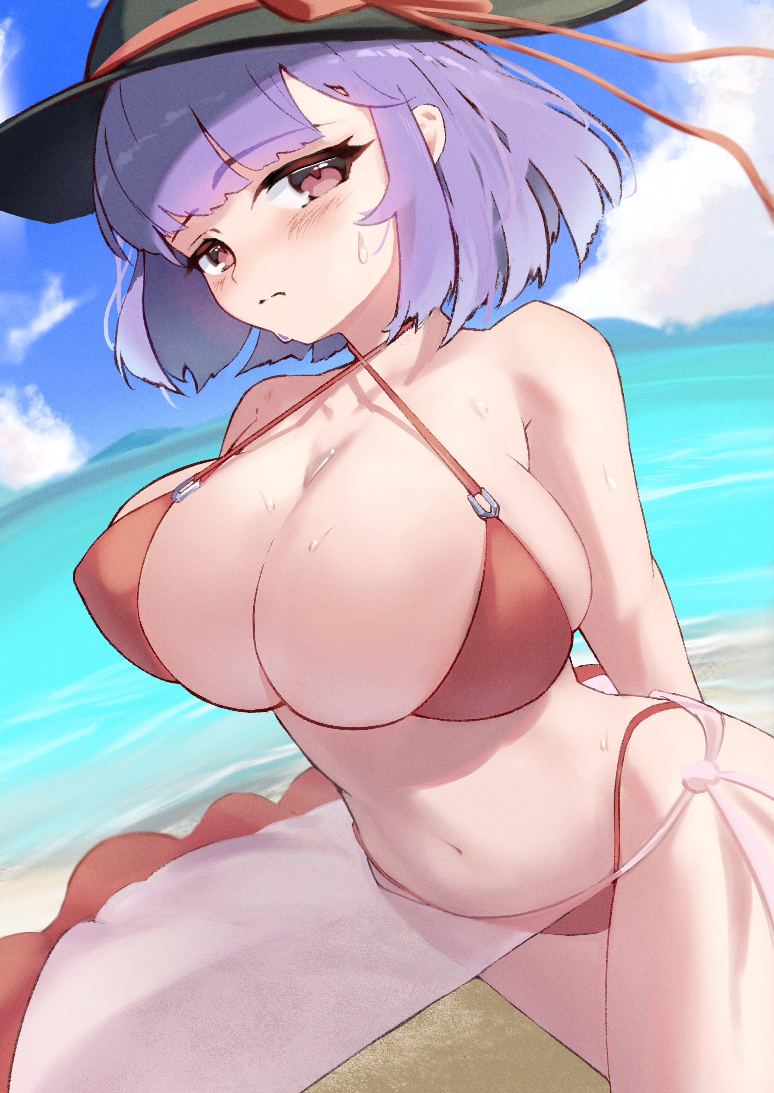 saniraku, nagae iku, touhou, absurdres, commentary, highres, 1girl, beach, bikini, black hat, blue sky, blush, breasts, cleavage, closed mouth, cloud, dutch angle, embarrassed, hat, huge breasts, navel, outdoors, purple hair, red bikini, red eyes, short hair, skindentation, sky, solo, sweat, swimsuit