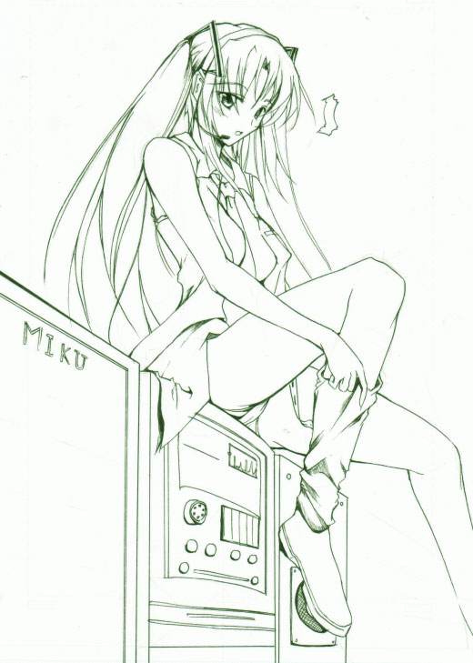 gisyo, hatsune miku, vocaloid, 1girl, female focus, green theme, greyscale, monochrome, simple background, solo, white background