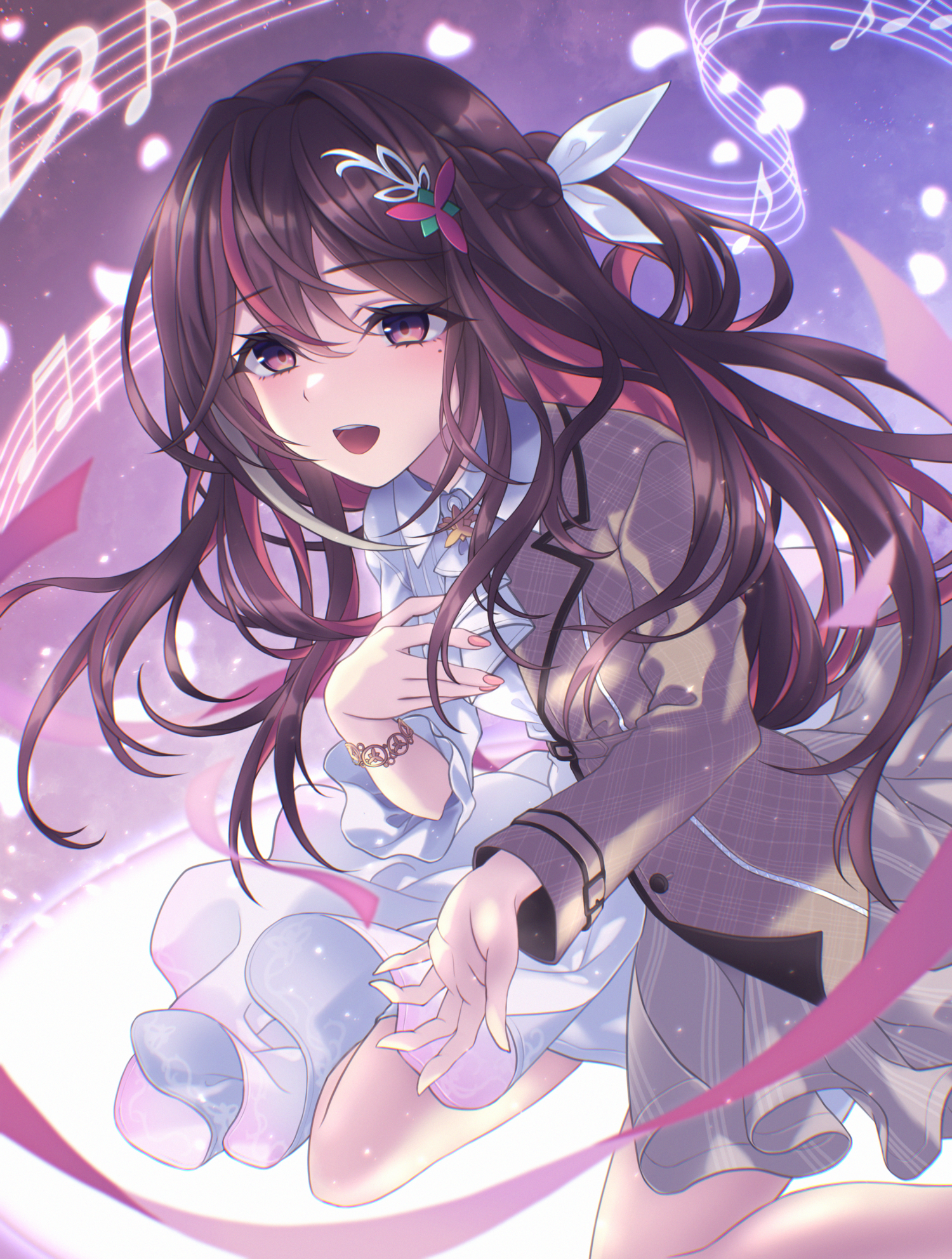 rr (rr2), azki (4th costume) (hololive), azki (hololive), hololive, highres, 1girl, ascot, blush, bracelet, braid, buttons, collared dress, colored inner hair, dress, hair between eyes, hair intakes, hair ornament, half up half down braid, jewelry, long hair, long sleeves, looking at viewer, multicolored hair, music, musical note, official alternate costume, open mouth, purple eyes, singing, solo, streaked hair, very long hair, virtual youtuber, white dress