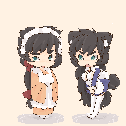 lowres, animal ears, chibi, maid, oekaki, tail, thighhighs