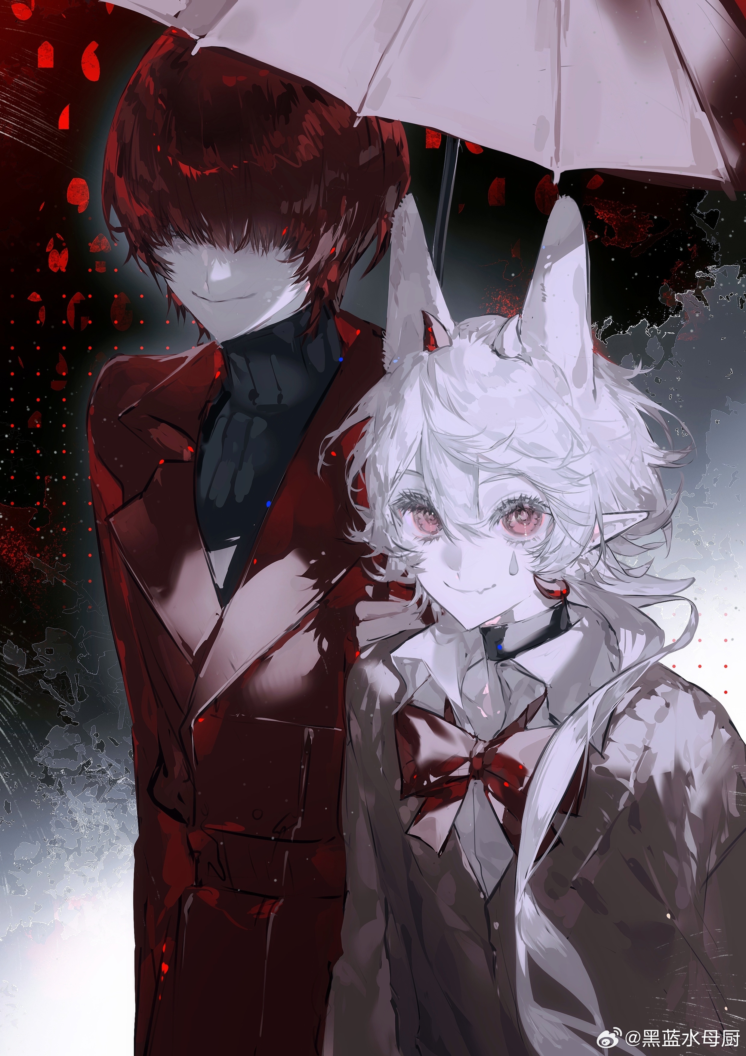 original, absurdres, highres, 1boy, 1girl, animal ears, black choker, black sweater, blunt bangs, bow, bowtie, choker, closed mouth, coat, collared shirt, earrings, hair between eyes, hair ornament, hair over eyes, heilanshuimuchu, holding, holding umbrella, jacket, jewelry, long hair, long sleeves, looking at viewer, pointy ears, rabbit ears, red bow, red bowtie, red coat, red eyes, red hair, red umbrella, shared umbrella, shirt, short hair, simple background, smile, sweater, turtleneck, turtleneck sweater, umbrella, watermark, weibo username, weibo watermark, white hair, white shirt
