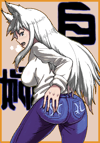 lowres, 1girl, animal ears, borrowed character, denim, female focus, from behind, grabbing own ass, hand on own ass, jeans, long hair, looking at viewer, looking back, oekaki, pants, solo, sweater, white hair