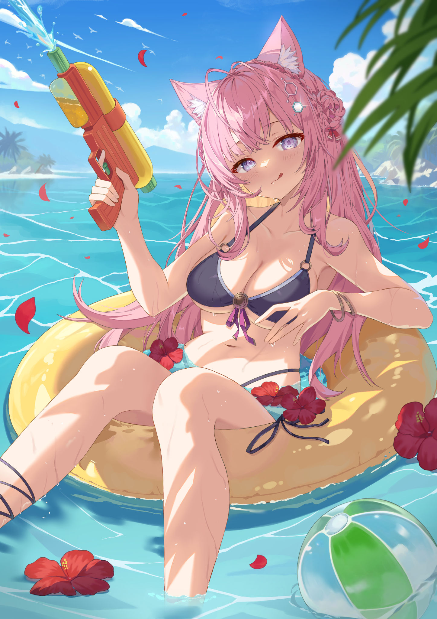 calder (pixiv3698273), hakui koyori, hololive, commentary, highres, 1girl, :q, animal ear fluff, animal ears, ball, beachball, bikini, black bikini, blue sky, blush, bracelet, breasts, cat ears, cat girl, cleavage, closed mouth, cloud, collarbone, day, halterneck, holding, holding water gun, innertube, jewelry, large breasts, long hair, looking at viewer, navel, ocean, outdoors, pink hair, purple eyes, side-tie bikini bottom, sky, smile, soaking feet, solo, string bikini, swim ring, swimsuit, tongue, tongue out, virtual youtuber, water gun