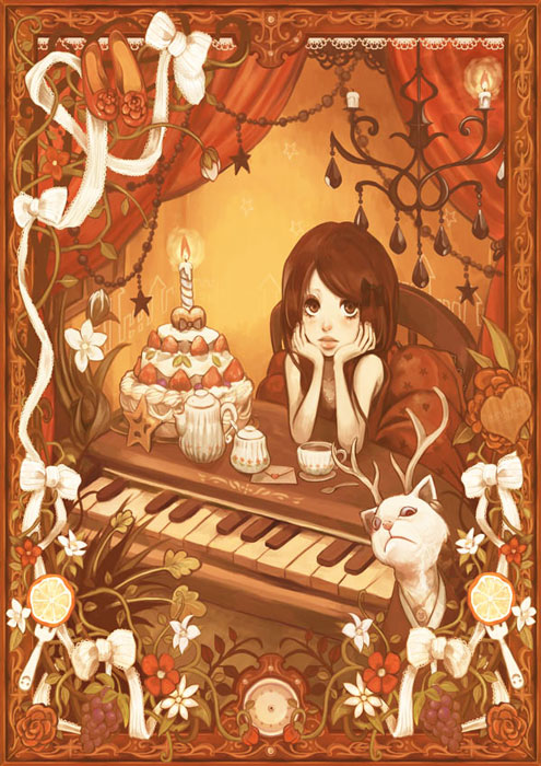 antlers, brown hair, cake, cat, flower, food, horns, instrument, pastry, piano, short hair, solo