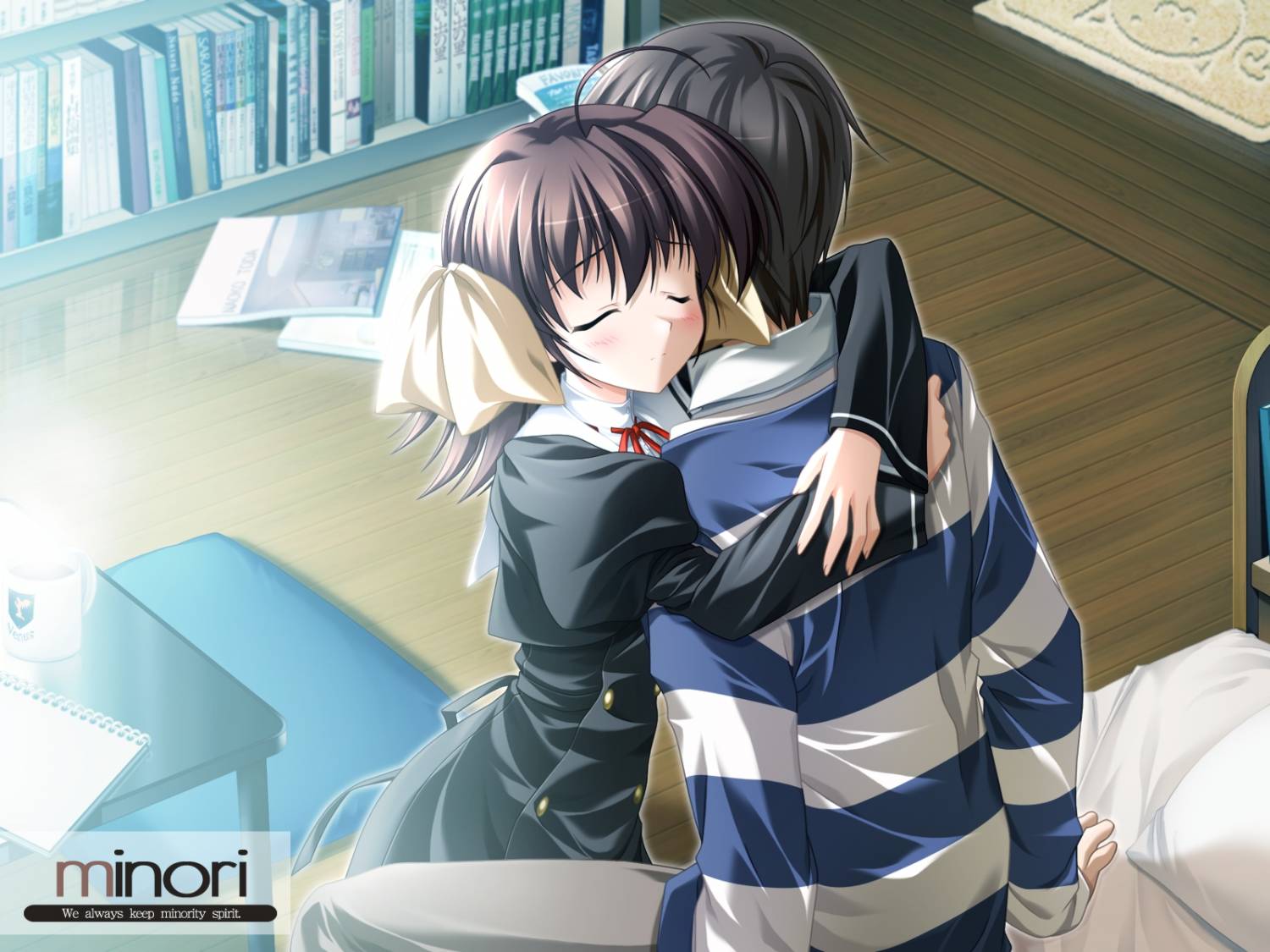 nanao naru, hirono hiro, miyamura miyako, ef (visual novel), 00s, 1boy, 1girl, blush, hetero, hug, school uniform, serafuku