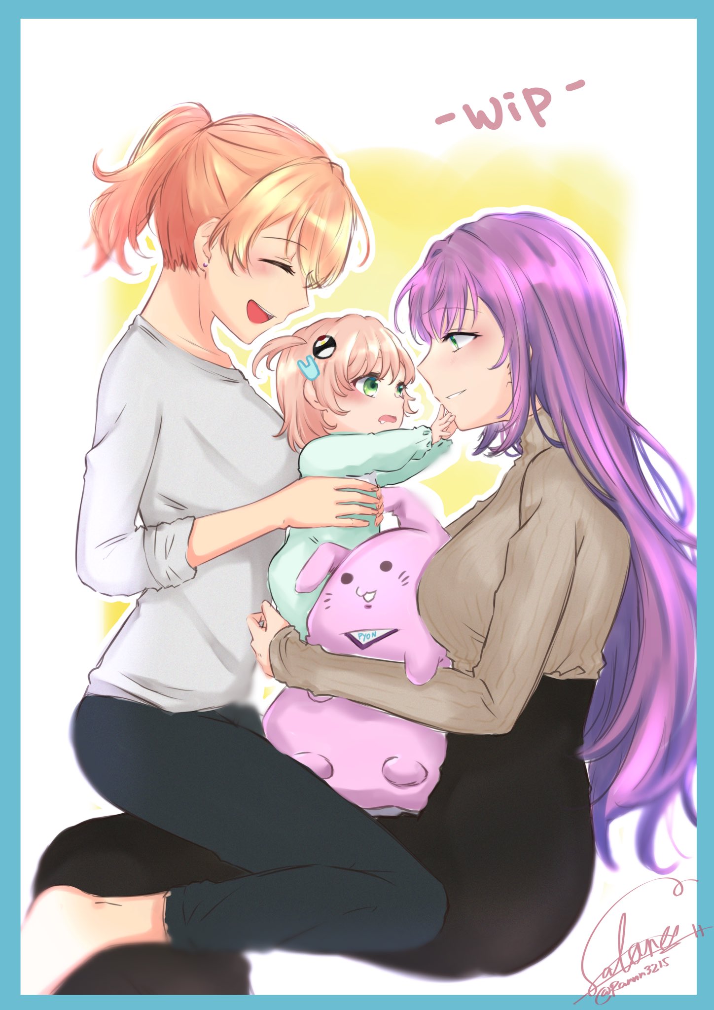 ranmaro, hinoshita kaho, otomune kozue, link! like! love live!, love live!, commentary request, highres, unfinished, 3girls, black pants, blue border, border, breasts, brown sweater, family, green eyes, grey shirt, high-waist pants, if they mated, large breasts, long hair, long sleeves, multiple girls, pants, ponytail, purple hair, science babies, shirt, short hair, short ponytail, sidelocks, sitting, stuffed animal, stuffed rabbit, stuffed toy, sweater, turtleneck, turtleneck sweater, virtual youtuber, yellow background, yuri