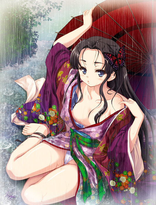 tougarashi hideyu, 1girl, barefoot, blue eyes, bug, butterfly, collarbone, female focus, insect, japanese clothes, kimono, long hair, no bra, off shoulder, oil-paper umbrella, open clothes, open shirt, panties, rain, shirt, sitting, solo, umbrella, underwear, wet, yokozuwari