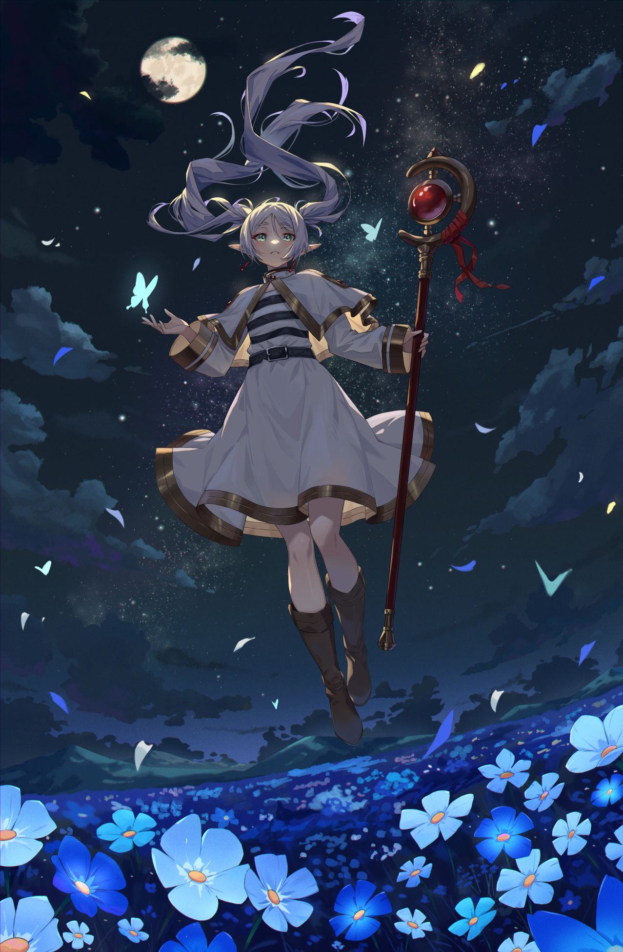 calder (pixiv3698273), frieren, sousou no frieren, commentary request, highres, 1girl, black shirt, blue butterfly, boots, brown boots, bug, butterfly, capelet, cloud, elf, field, floating hair, flower, flower field, full body, full moon, green eyes, hair floating upwards, holding, holding staff, insect, long hair, long sleeves, mage staff, moon, night, night sky, outdoors, parted lips, pointy ears, shirt, skirt, sky, solo, staff, striped clothes, striped shirt, twintails, two-tone shirt, white capelet, white hair, white shirt, white skirt