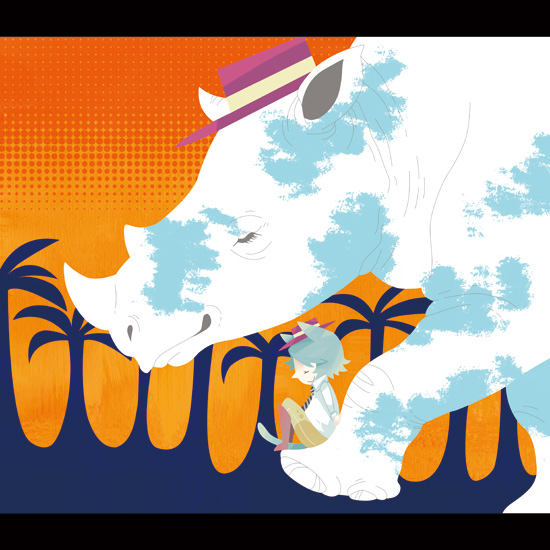 1boy, animal, animal ears, cat ears, cat tail, closed eyes, hat, letterboxed, necktie, palm tree, rhinoceros, surreal, tail, tree