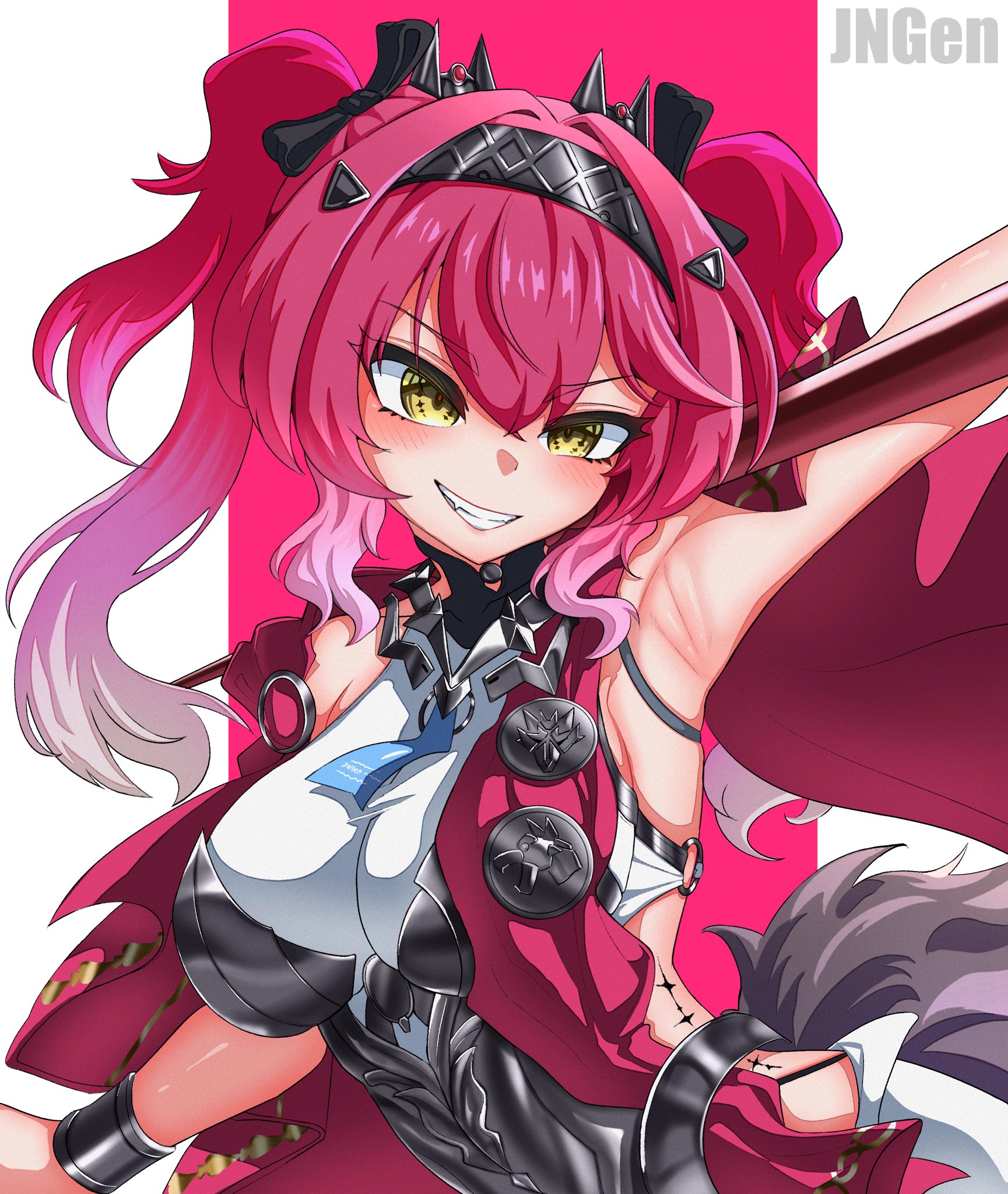 jngen97, lupa (wuthering waves), wuthering waves, commentary, english commentary, highres, 1girl, armor, armpits, artist name, black bow, bow, breastplate, breasts, collar, grin, hair bow, hair ornament, hairband, headgear, large breasts, light blush, long hair, looking at viewer, metal collar, metal hairband, multiple hair bows, pillarboxed, pink background, pink hair, red pupils, smile, solo, tacet mark (wuthering waves), tail, twintails, upper body, wolf tail, wrist guards, yellow eyes