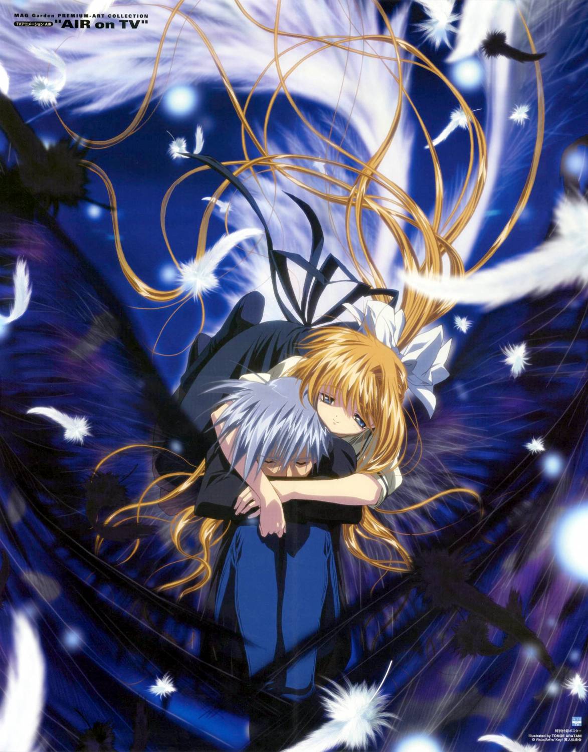 aratani tomoe, kamio misuzu, kunisaki yukito, air (visual novel), highres, scan, 00s, 1boy, 1girl, blonde hair, blue eyes, closed eyes, feathers, grey hair, hair ribbon, long hair, ribbon, very long hair, wings