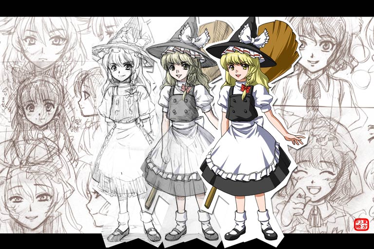 kanawo, kirisame marisa, touhou, black footwear, white legwear, 1girl, blonde hair, bow, broom, dress, female focus, hat, laughing, long hair, looking at viewer, pinafore dress, profile, red bow, shoes, sketch, sleeveless dress, smile, teeth, witch hat, yellow eyes
