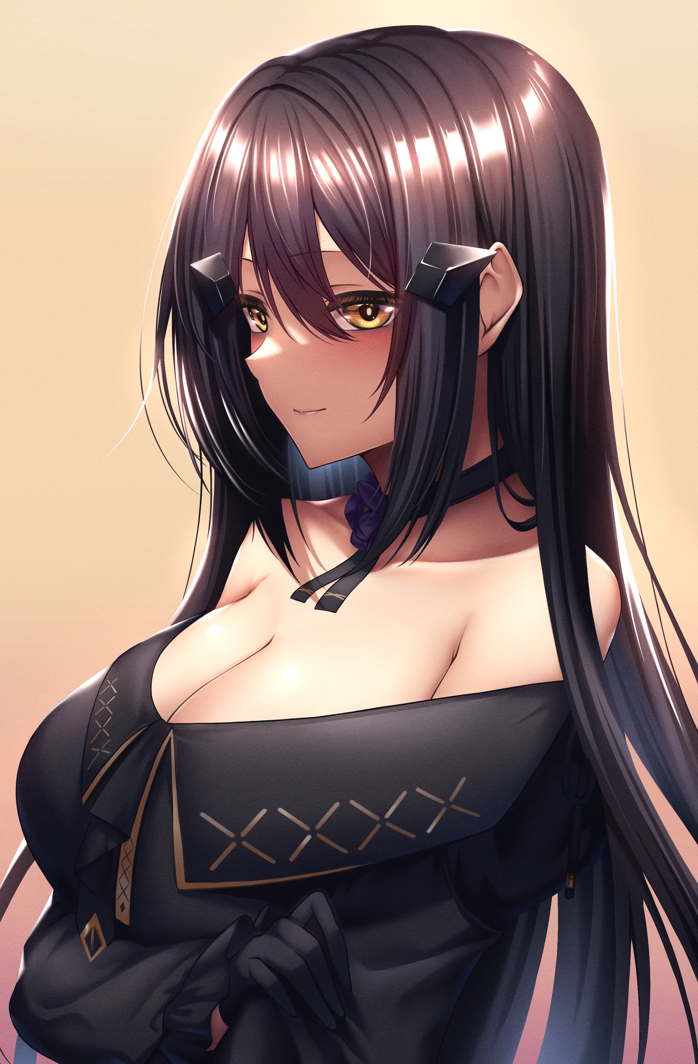 xlscaler, dandelion (girls' frontline), girls' frontline, girls' frontline 2: exilium, absurdres, commentary request, highres, 1girl, black hair, blush, breasts, brown background, cleavage, closed mouth, flower, hair ornament, holding own arm, large breasts, light smile, looking at viewer, neck flower, neck ribbon, purple flower, ribbon, simple background, solo, upper body, yellow eyes