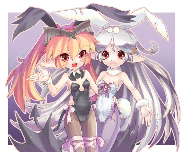 katahira masashi, original, 2girls, animal ears, bow, choker, cowboy shot, fake animal ears, hair ornament, hairpin, multiple girls, pantyhose, playboy bunny, pointy ears, rabbit ears, ribbon, tail, twintails