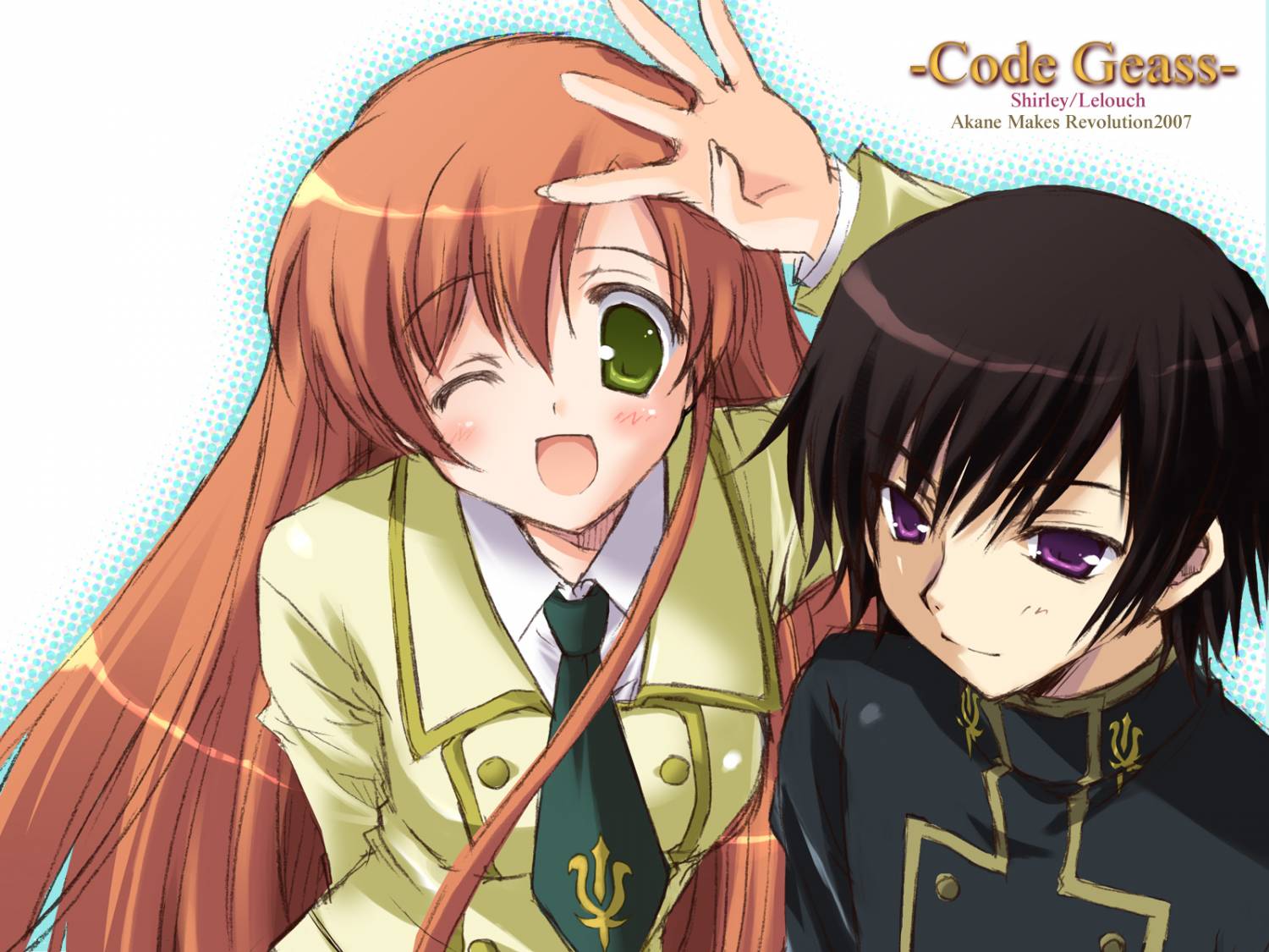 ikegami akane, lelouch vi britannia, shirley fenette, code geass, 00s, black hair, brown hair, long hair, purple eyes, school uniform, serafuku, yellow eyes