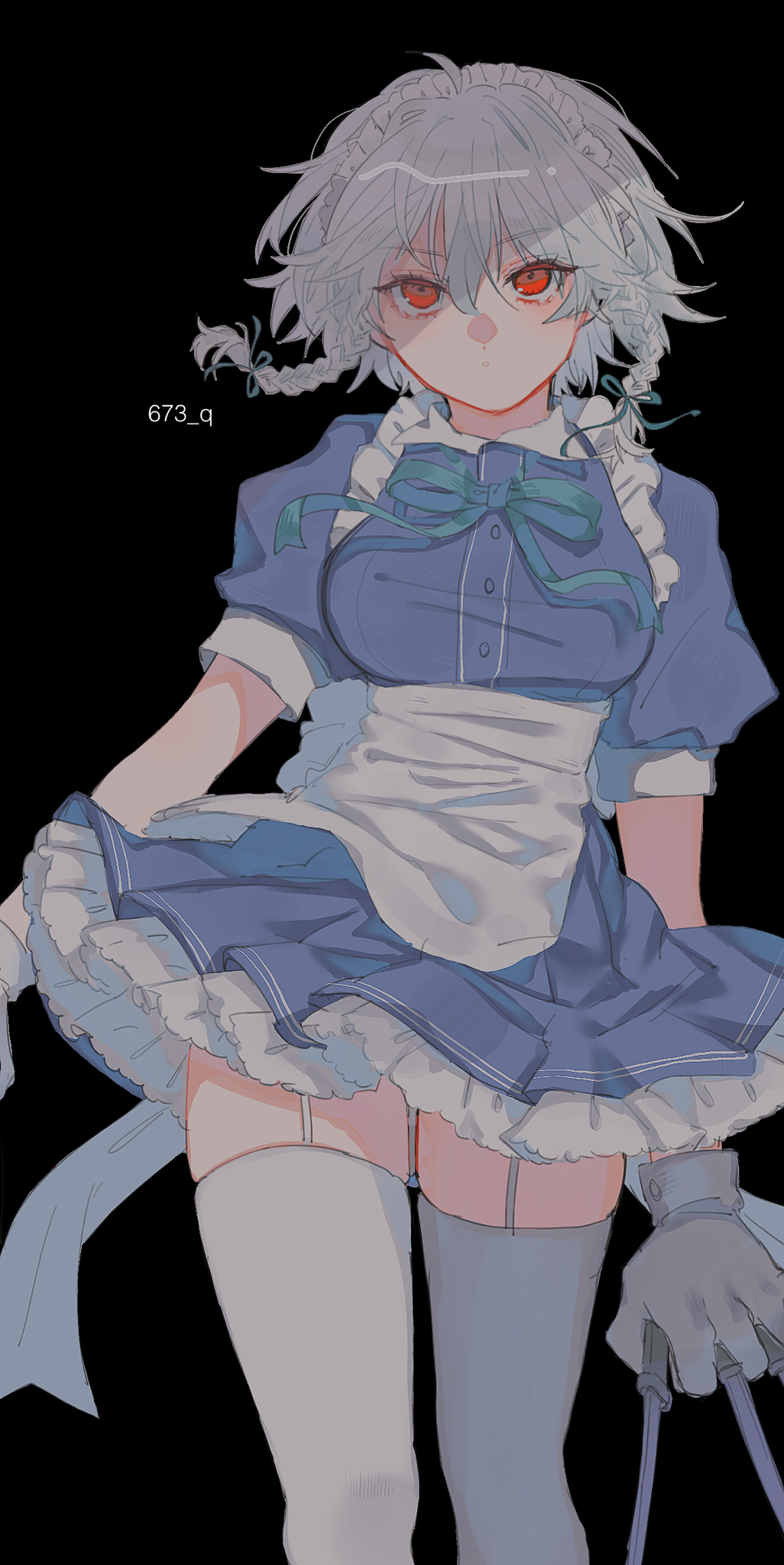 673 q, izayoi sakuya, touhou, highres, 1girl, apron, artist name, belt, black background, blue dress, braided sidelocks, dress, frilled hairband, frilled skirt, frills, gloves, hair between eyes, hairband, holding, holding knife, knife, looking at viewer, maid, maid apron, maid headdress, puffy sleeves, red eyes, simple background, skirt, solo, thigh belt, thigh strap, thighhighs, white apron, white hair, white hairband, white thighhighs, zettai ryouiki