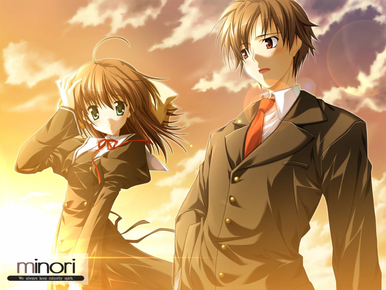 nanao naru, hirono hiro, miyamura miyako, ef (visual novel), 00s, 1boy, 1girl, ahoge, bow, brown eyes, brown hair, cloud, green eyes, hair bow, necktie, open mouth, ribbon, school uniform, serafuku, sky, sunset