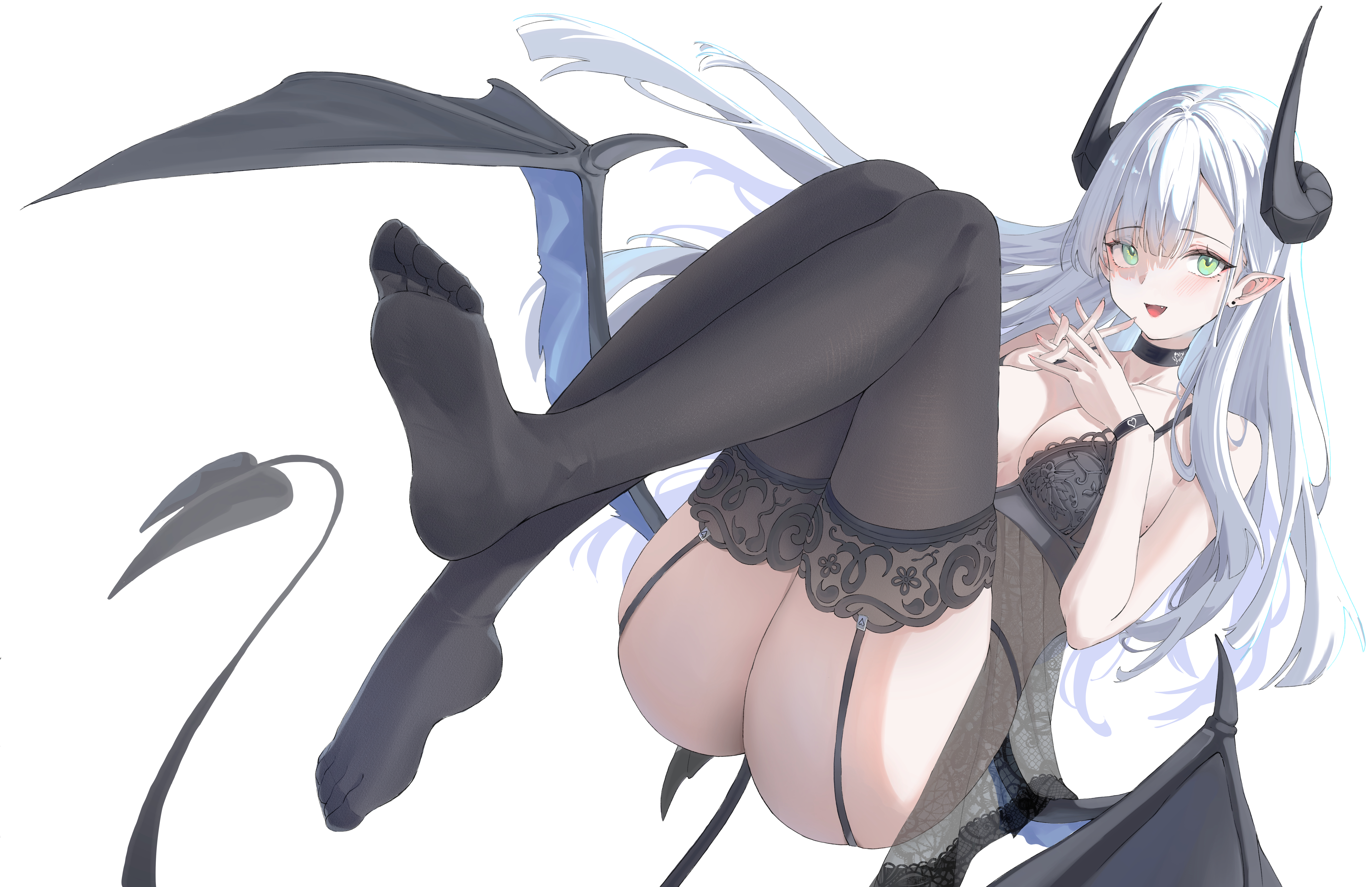 cake walker, original, absurdres, commentary, english commentary, highres, 1girl, :d, ass, babydoll, bare shoulders, black babydoll, black choker, black panties, blush, breasts, choker, cleavage, demon girl, demon horns, demon tail, demon wings, earrings, fangs, full body, garter straps, green eyes, hair over one eye, horns, interlocked fingers, jewelry, knees up, leaning back, legs, long hair, looking at viewer, medium breasts, mole, mole under eye, open mouth, own hands together, panties, see-through babydoll, see-through clothes, smile, solo, string panties, tail, thighhighs, thighs, underwear, underwear only, very long hair, white hair, wings