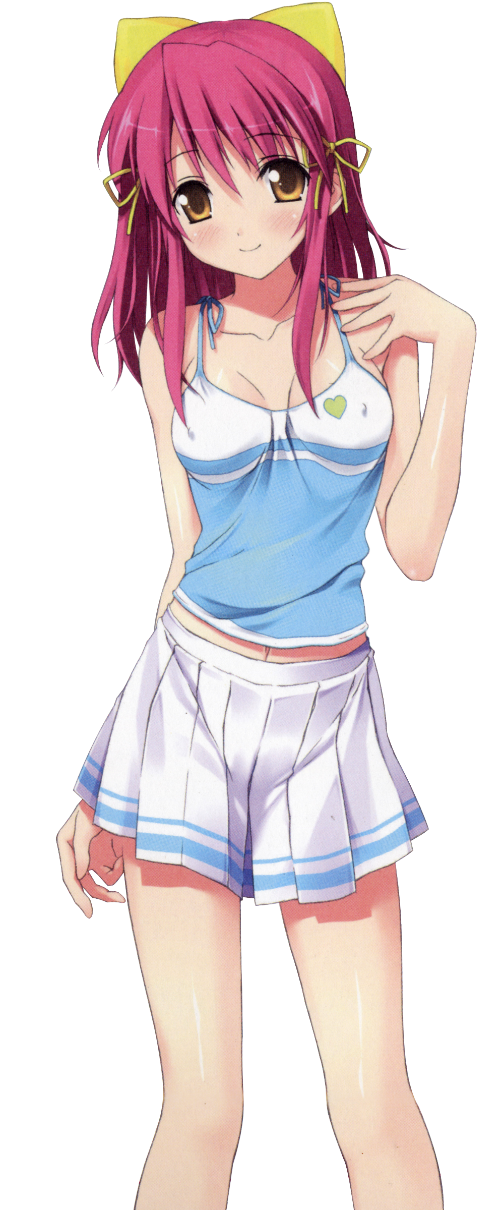 kantoku, hokuto nami, undou musume nakadashi chu, highres, 1girl, breasts, camisole, covered erect nipples, female focus, long hair, midriff, nipples, no bra, pink hair, ribbon, skirt, small breasts, smile, solo, standing, tank top, yellow eyes
