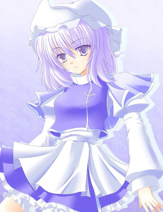 shirotsuki kouta, letty whiterock, touhou, 1girl, blue background, blue eyes, blue hair, bonnet, dress, female focus, hat, looking at viewer, matching hair/eyes, mob cap, solo, white dress, white hat