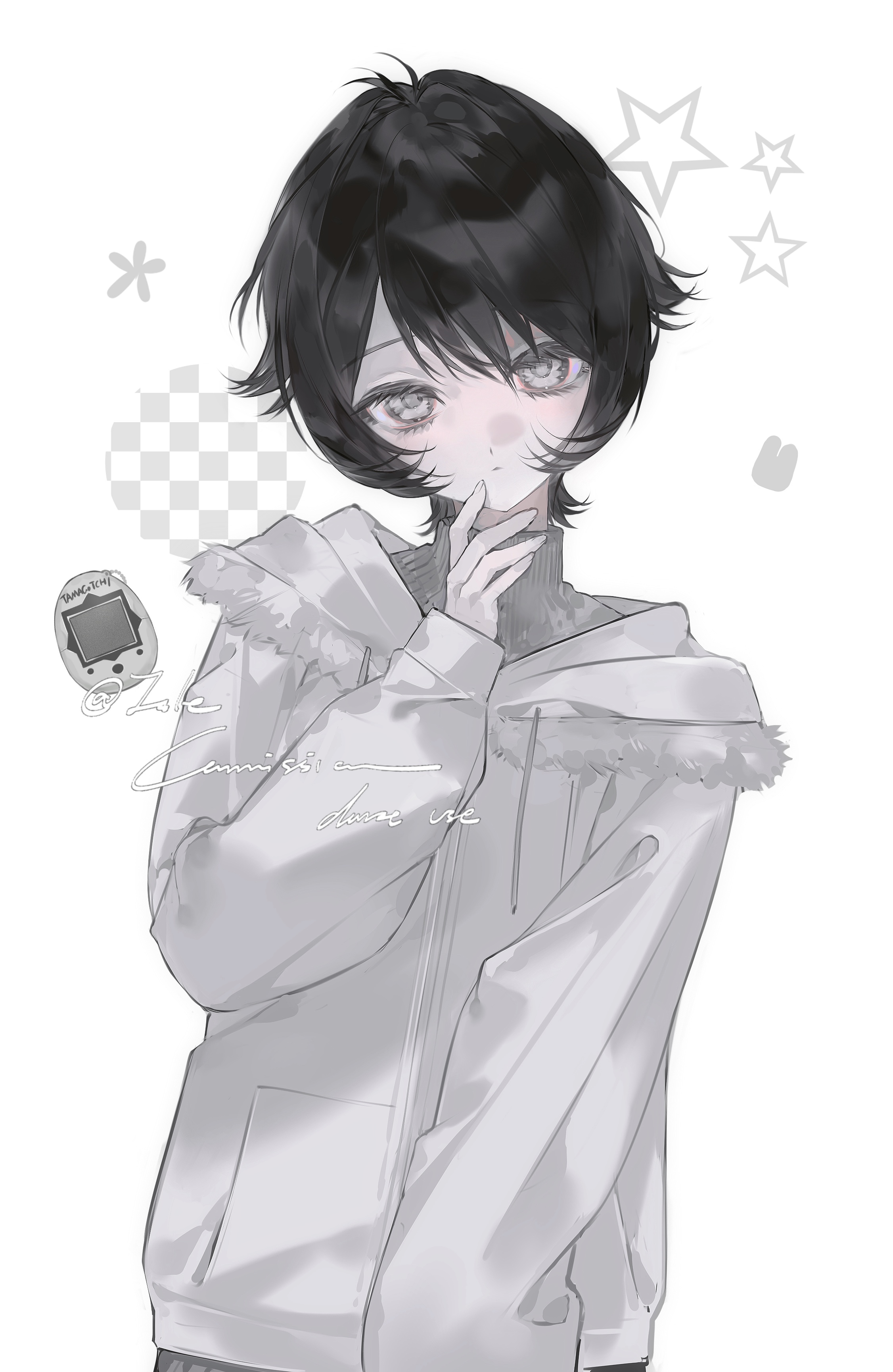 original, absurdres, highres, 1girl, fur trim, grey hair, heilanshuimuchu, hood, hood down, hooded jacket, jacket, long sleeves, looking at viewer, simple background, sleeves past wrists, solo, star (symbol), sweater, tamagotchi (virtual pet), turtleneck, turtleneck sweater, virtual pet (toy), white background