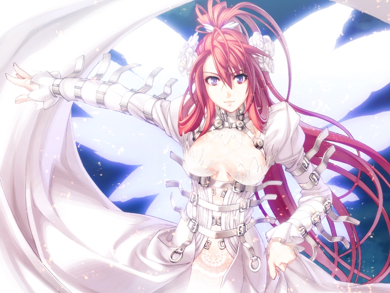 nishii (damnedrive), ignis (jingai makyou), jingai makyou, nitroplus, tengai makyou, game cg, 1girl, belt, breasts, corset, dress, female focus, flower, long hair, purple eyes, red hair, rose, solo, wedding dress, wings