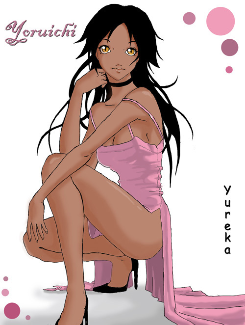 shihouin yoruichi, bleach, 00s, armpits, black hair, breasts, high heels, long hair, no panties, shoes, sideboob, squatting, yellow eyes, yureka