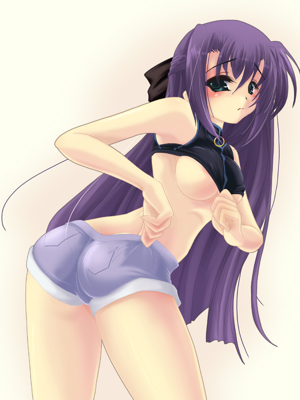 frapowa, ginga nakajima, lyrical nanoha, mahou shoujo lyrical nanoha, mahou shoujo lyrical nanoha strikers, 00s, 1girl, ass, blush, breasts, cutoffs, denim, denim shorts, female focus, large breasts, nipple slip, nipples, purple hair, shorts, solo, underboob