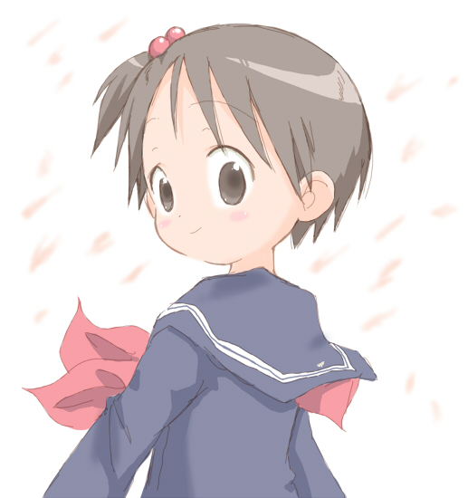 core (mayomayo), itou chika, ichigo mashimaro, bad id, bad pixiv id, 1girl, aged down, blush, cherry blossoms, child, dress, female focus, hair bobbles, hair ornament, looking at viewer, sailor dress, smile, solo, white background