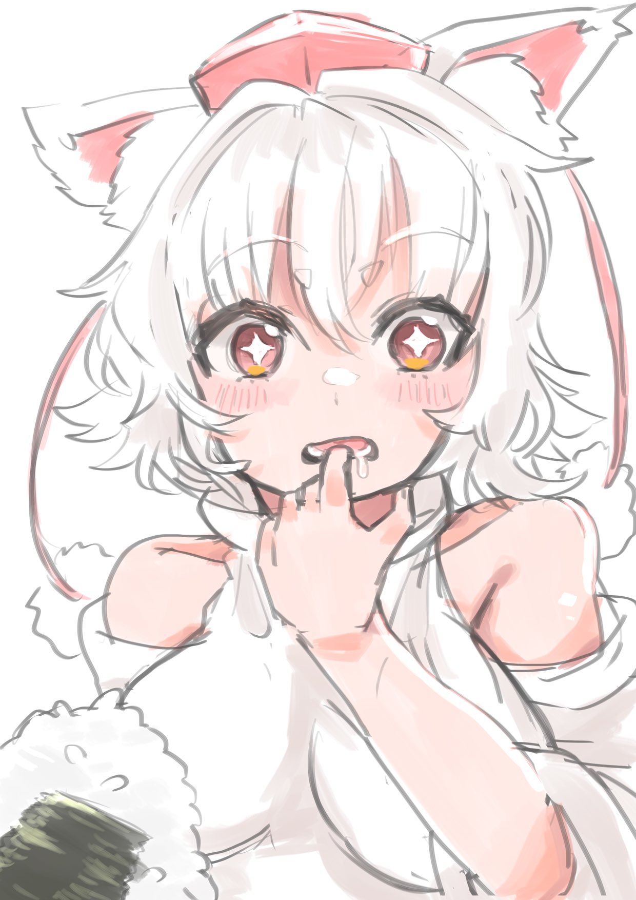 yoyoiro (sysi20), inubashiri momiji, touhou, commentary request, highres, + +, 1girl, animal ear fluff, animal ears, breasts, detached sleeves, drooling, finger in own mouth, food, hat, large breasts, looking down, lower teeth only, medium hair, messy hair, offering food, onigiri, open mouth, pom pom (clothes), red eyes, red hat, shirt, simple background, solo, teeth, tokin hat, white background, white hair, white shirt, wide sleeves, wolf ears, wolf girl