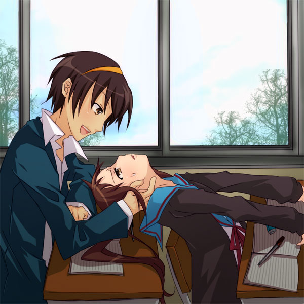 manimani, manimani (mani ma), kyon, kyonko, suzumiya haruhi, suzumiya haruhiko, suzumiya haruhi no yuuutsu, bad id, bad pixiv id, 00s, 1boy, 1girl, blouse, eye contact, genderswap, genderswap (ftm), genderswap (mtf), looking at another, ponytail, school uniform, serafuku, shirt, white shirt