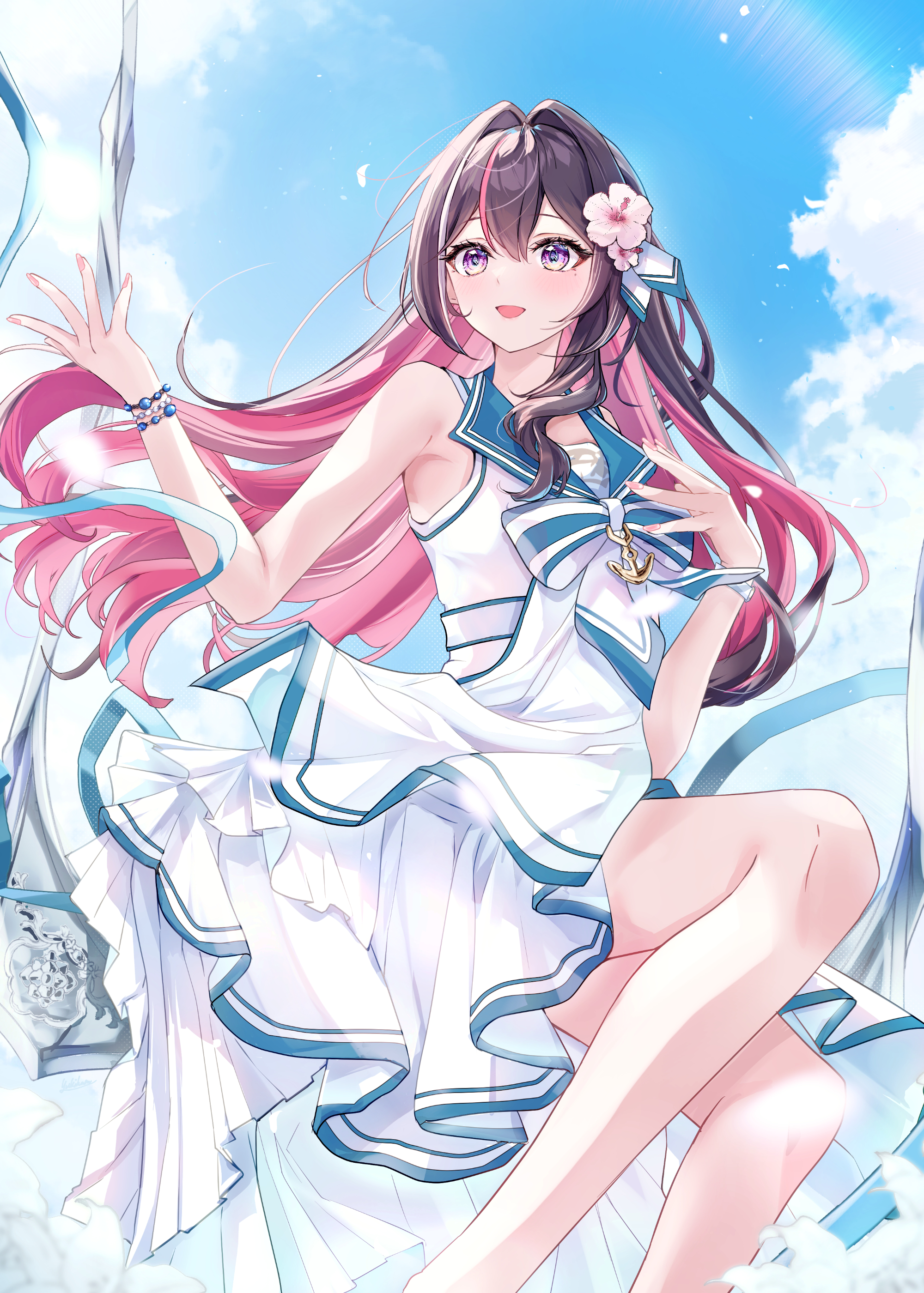 yuki haru, azki (hololive), azki (holonatsu paradise) (hololive), hololive, absurdres, commentary request, highres, 1girl, :d, asymmetrical sidelocks, black hair, blue sky, chest bow, cloud, colored inner hair, day, double-parted bangs, dress, flower, hair between eyes, hair flower, hair ornament, long hair, looking at viewer, mole, mole under eye, multicolored hair, official alternate costume, open mouth, outdoors, pink hair, purple eyes, sailor collar, sailor dress, sidelocks, sky, sleeveless, sleeveless dress, smile, solo, streaked hair, very long hair, virtual youtuber, white dress, white hair