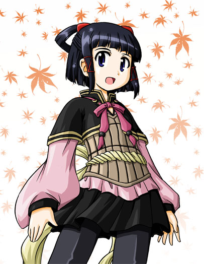 furafura, lyon (suikoden), gensou suikoden, gensou suikoden v, 1girl, :d, black hair, black pantyhose, black skirt, blue eyes, blunt bangs, bow, female focus, long sleeves, looking at viewer, miniskirt, open mouth, pantyhose, pink bow, red ribbon, ribbon, skirt, smile, solo