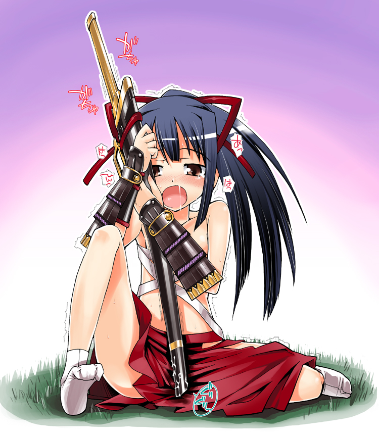 gengorou, bushidou (sekaiju), bushidou 2 (sekaiju), atlus, etrian odyssey, bad id, bad pixiv id, 1girl, armor, blush, crotch rub, female focus, female masturbation, hakama, hakama skirt, japanese armor, japanese clothes, kote, masturbation, open mouth, orgasm, ponytail, pussy juice, red hakama, saliva, samurai, sarashi, sheath, sheathed, skirt, socks, solo, sword, tabi, trembling, weapon