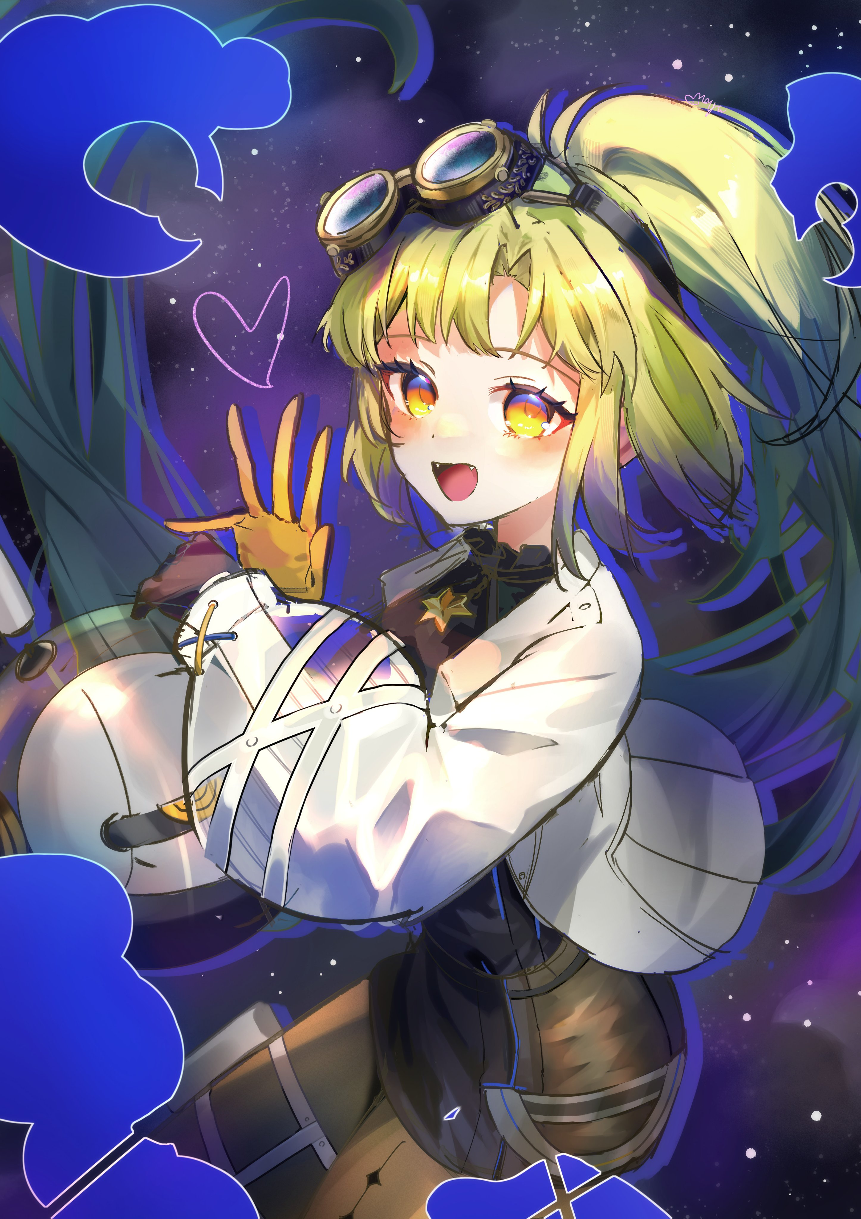 arcaea, absurdres, highres, 1girl, black gloves, black shirt, black skirt, black thighhighs, blonde hair, blue eyes, breasts, curtained hair, gloves, goggles, green hair, high ponytail, jacket, leather, leather skirt, medium breasts, medium hair, meyu mamama, multicolored eyes, nonoka (arcaea), ponytail, see-through clothes, shirt, sketch, skirt, solo, thigh strap, thighhighs, two-tone eyes, two-tone gloves, white jacket, white sleeves, yellow eyes, yellow gloves, yellow thighhighs