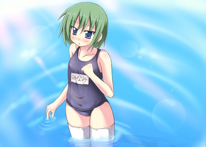 tekehiro, iwasaki minami, lucky star, 00s, 1girl, female focus, name tag, one-piece swimsuit, school swimsuit, solo, swimsuit