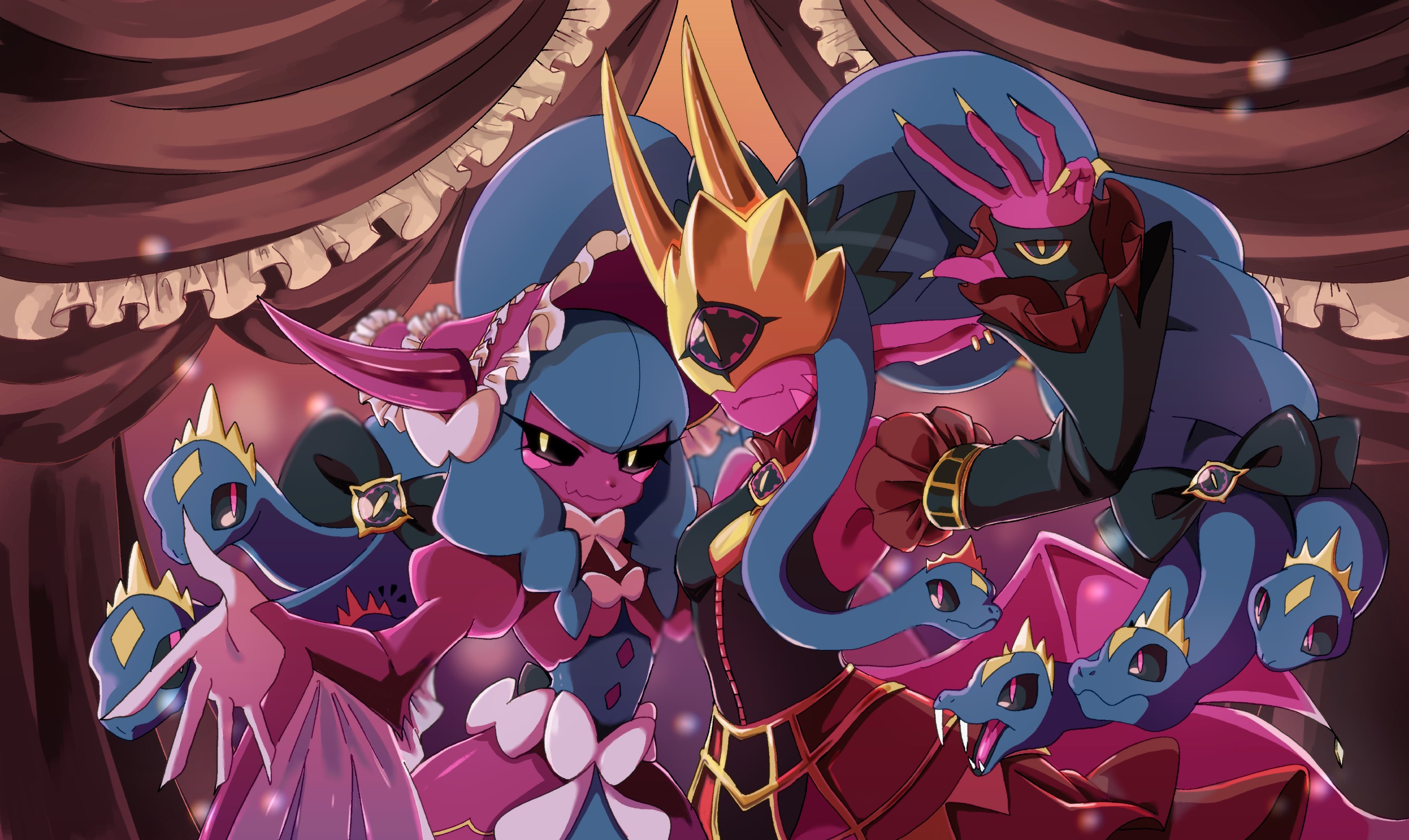 megane mochi, lamiamon, medusamon, digimon, digimon liberator, absurdres, highres, 2girls, black sclera, blue hair, bonnet, colored sclera, colored skin, crown, digimon (creature), horns, mask, monster girl, multiple girls, pink skin, pointy ears, snake, snake hair, wings